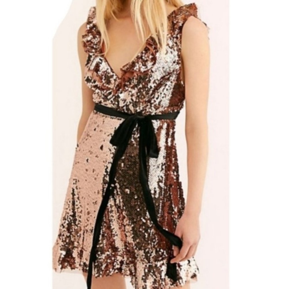 Free People Rose Gold Sequin Formal Evening Holiday Party Dress, Sz 12 - Picture 2 of 15